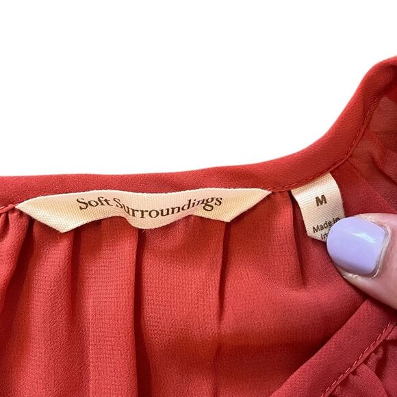 Soft Surroundings Embroidered Peasant Top Boho Long Sleeve Coral Red Medium - Picture 4 of 6